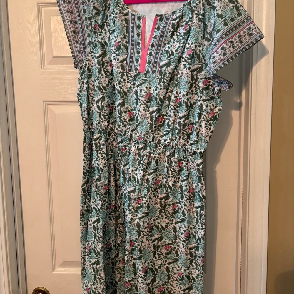 Talbots Green and Brown Casual Midi Sundress with Flutter Sleeves